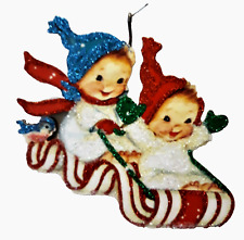 BABIES, CHILDREN on RIBBON CANDY SLED *  Glitter CHRISTMAS ORNAMENT  Vtg Img picture
