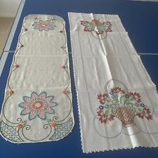 Vintage, Hand Embroidered Sideboard Or Table Runner Set Of 2  picture