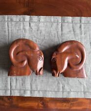 Vintage Ram Aries Mahogany Hand Carved Solid Wood 2Bookends Busts Mcm Decor Pair picture