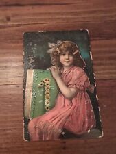 Vintage New Year's Postcard Girl Holding A Green Book, Gold Trimming picture