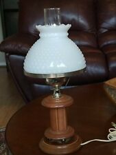 VTG Hurrcane Electric White Milk Glass Shade 18” Wood Stand Lamp  picture