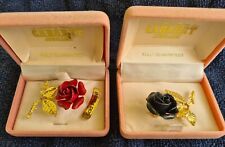 Pair (2) CABARET Gold Plated Jewellery Black & Red Rose Dress Pins C.1987+ BOXED picture