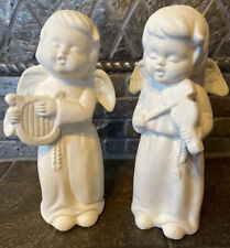 Vintage Set of 2 Angels Paper Mache Chalk Painted/Waxed Christmas Decor picture