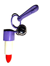 Vintage 1980s Plastic Bell Charm Red Lipstick Purple Tube Clip On Retro picture