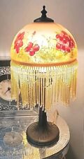 Vintage Hand Painted Rose Beaded Fringe Glass Shade Lamp picture