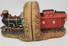 Railroad Train Bookends Steam Engine Locomotive Caboose Hand Painted Plaster  picture