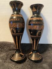 Set Of 2 Vintage Wood Candle Sticks/vases Hand Carved  Black & Wood Tone Mexico picture