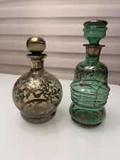 Vintage Silver Decanters Green & Smokey MCM Art Deco Maximalist Bar Drinks picture