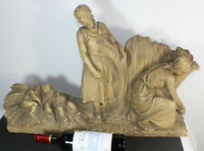 XL antique chalkware belgian sculpure cutting wheat field statue marked  picture