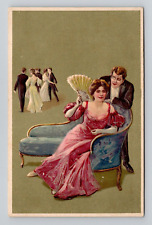 Postcard Romance Greeting Couple Woman w/ Fan, Antique J8 picture