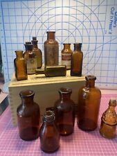 Antique Amber Medicine Bottles Lot Of 12 And Cigar Box picture