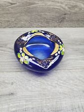 Vtg Cobalt Blue Hand Painted Floral Glass Trinket Decorative Glass picture