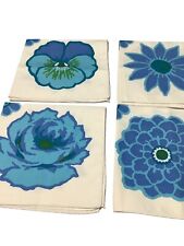 Vintage Set of 6 Flower Power Blue Mod Cotton Napkins 16” Square NEW picture