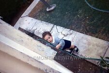 c1960s COLOR SLIDE 881 Adorable Little Boy Seersucker Jacket Garden Hose Yard picture