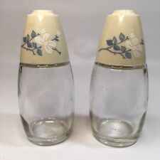 Gemco Salt and Pepper Shakers Set with Light Blue Floral Design on Beige Tops picture