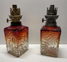 Pair Antique Baccarat Glass Swirl Pattern Fluid Lamps Rose Teinte Amberina picture
