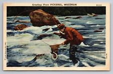 Greetings From Pickerel Wisconsin Posted 1961 Linen Postcard Fishing picture
