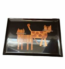 Couroc Tray Cats Wood Inlay Brass Rectangular Black 1960s Vintage MCM picture