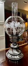 VTG Metal Base Oil Style Electric Hurricane Lamp Clear Globe White/Grey Roses picture