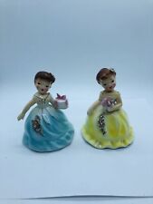 Vintage Lefton girl figurines lot of two ceramic rhinestone blue 610 yellow 610 picture