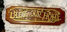 Vtg BLESS OUR HOME Wood Sign Country Decor Eyelet LaceMetal Floral Gold 17x5.25 picture