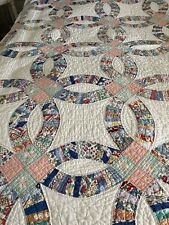 Antique Patchwork Quilt Double Wedding Ring Hand Pieced/Quilted Scalloped Cotton picture