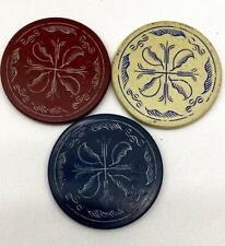 3 Antique Clay Poker Chips Engraved Floral Leaf Design 1 Each Red White Blue picture