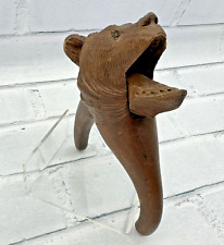 Antique Hand Carved Wood Bear Head Nutcracker Glass Eyes Handheld Grizzly Brown picture