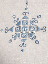 Vtg White Linen Periwinkle Blue Embroidered Squares on Square Runner 33