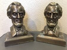 Vintage Pair Abe Lincoln Heavy Cast Iron Metal Bookends Gold/Bronze Toned picture