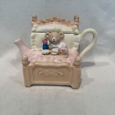 Vintage Hallmark Teddy Bear In Bed Teapot Pink And Yellow 5.5” Tall picture