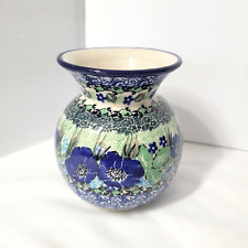 Unikat M Sarzyk Polish Pottery Bud Vase 4” Floral Flowers Blue Green picture