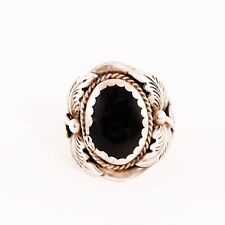 HEAVY NATIVE AMERICAN B STERLING SILVER ONYX APPLIED LEAF MOTIF SIGNET RING 9.75 picture
