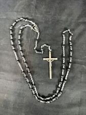 VINTAGE BLACK BEAD ROSARY ITALY SILVERTONE CRUCIFIX picture
