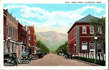 Vtg Postcard Old Street Scene Parked Cars, Park Street, Livingston Montana picture
