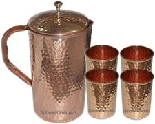 Beautiful Hammered Copper Water Pitcher Jug Pot 4 Drinking Tumbler Glass 300ML picture