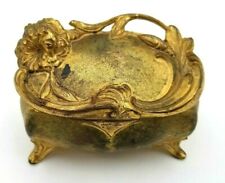 Antique Victorian Gilded Metal Jewelry Box Signed JB Original Blue Silk Lining picture