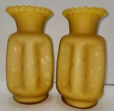 ANTIQUE  2 VASES Yellow & White Cased Glass Optic Dot Raindrop Pinch Ruffled Top picture