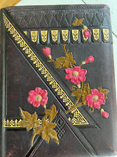 Antique Victorian Embossed Raised Pink Flowers Leather Photo Album Gold Leafing picture
