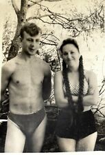 1960s Handsome Shirtless Man Trunks Bulge Young Woman Long Braids Vintage Photo picture