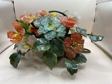 Large Vintage Chinese Carved Jade Leaves/pot With Pink, Aqua And Coral Flowers picture