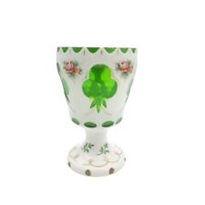 Victorian White Moser Cut Green Glass Goblet Floral Bohemian Czech Vase RARE 5.5 picture