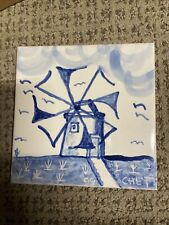 Vintage Portuguese Blue White Handpainated Windmill Ceramic Tile 6
