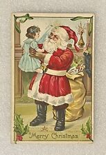 Antique Merry Christmas Postcard ~ Santa Claus, Doll, Gift ~ Embossed picture