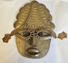Vintage African Metal Mask Walk Art Brass Tones Colored Eyes Mid Century- Folk picture