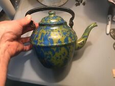 VERY RARE END OF DAY GREEN/BLUE TEAPOT GRANITEWARE ENAMELWARE ANTIQUE UNIQUE picture