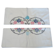 Pillowcase Set of 2 Cross Stitch Flowers and Swag Pink Blue Black Green picture