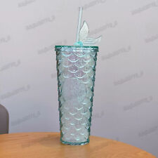 Starbucks Cup Shiny Light Blue Mermaid Fish Scale Straw 24oz Cold Cup Tumbler picture