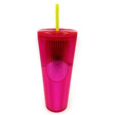 Starbucks Neon Hot Pink Tumbler Textured Travel Cup With Straw Venti 24 fl oz picture