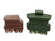 Vintage Figural Railroad Train Cars Caboose Salt & Pepper Shakers Green Brown Lg picture